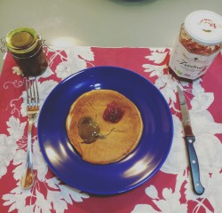 Breakfast of champions!    Pistachio &amp;  strawberry jelly pancakes!