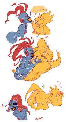 sniggysmut:   request: Some Naughtiness with Undyne Showing Alphys That  She doesn’t need to be afraid of all those teeth? request: Undyne and Alphys Pairing if youre still taking requests bite the lizard butt, undyne, you know you want to. 