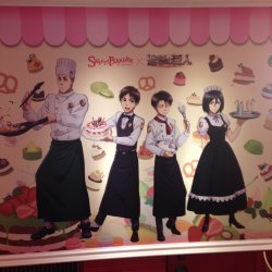 Chefs Erwin, Eren, Levi, &amp; Mikasa for the Sweets Paradise x Shingeki no Kyojin collaboration!Collaboration Duration: November 6th, 2015 - January 5th, 2016ETA: Added photos of the Levi quotes omelette rice &amp; the Eren “Victory over Titans”