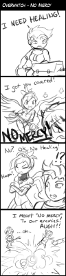 tehlumineko:  Just a quick 4koma doodle of something I’ve been thinking of with zarya’s “No Mercy” quote. lol https://www.patreon.com/lumineko   lol XD