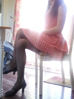 sarisstg:Daddy gave me this SUPER cute polka-dot dress, I knew it would look adorable with these stockings. And no panties of course. I’m going to be wearing it all day long!