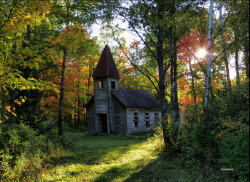 abandonedography:  Abandoned Church in the fall and spring. Set off in the trees at the end of a dirt road, Bloomville, Wisconsin. Jim Sisko 