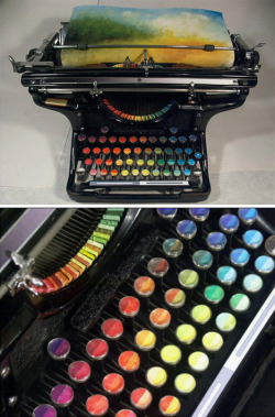 escapekit:   Chromatic Typewriter Prints Tyree Callahan has recycled (or upcycled, perhaps) a classic 1937 Underwood typewriter by replacing letters with sponges soaked across the spectrum with bright yellows, reds, blues and combinations thereof. 