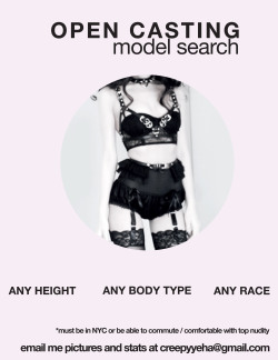 creepyyeha:  Creepyyeha Model Casting I am looking for a model to shoot for my look book. Friendly to all race, body type and height. Must be 18  Gender friendly as well!  Must be in NYC or able to commute. Must be comfortable with top nudity ( just