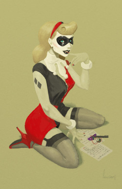 spicydonut:  Harley Quinn pinup. This will be the first in a series of retro pinups I would like to do. Very much influenced by the work of Vargas and Elvgren.  I’m definitely planning the other gotham girls, Ivy and catwoman. Thanks everyone for all