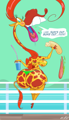 kmorrisoncartoons:  Here’s the finished Spring Break pin-up, featuring Savannah - as voted for by my patrons! I was thrilled that she won the poll after not being seen for a while, and it was a pleasure to draw my ditzy giraffe girl once again. If you’d