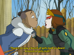 immylovesheripod: orbitalgay:   kkachi95: Sokka and Suki absolutely deserve more time with each other  Suki made Sokka drink respect women juice one time and he proceeded to chug it for breakfast for the rest of his life   Makes me very happy they’ve