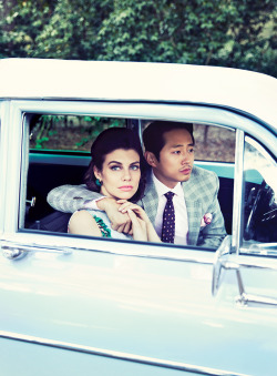 albinwonderland:  Affair to Remember Steven Yeun and Lauren Cohan Styled by Linda Immediato Photographed by Williams + Hirakawa  Where The Walking Dead meets Mad Men.
