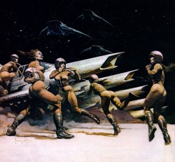 gunsandposes:  Frank Frazetta brings his male gaze to outer space. (Not that my male gaze disapproves of vintage space babes. Nobody puts my male gaze in the corner.)