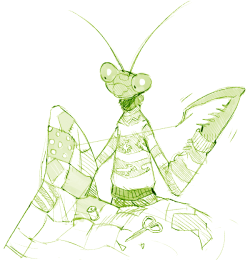 baruyon:  I went on the monster generator out of boredom and got “Mantis boy who wears winter clothes and loves Patch”! 