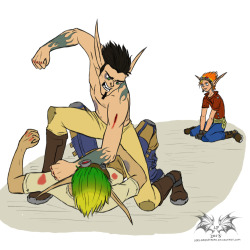tfamonk:  Thanks again to Lady-Darkstreak for drawing this!As we can see, Jak and Razer are fighting, but over what? Could it be a hotly contested race? But then why is Daxter sitting nearby? And why is he smiling?…oh you two, although you might mind