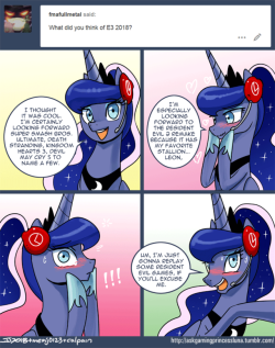askgamingprincessluna:Ask Gaming Princess Luna 046“Those of you who’ve followed me from the very beginning, know that I like a certain Leon S. Kennedy…” ~ GPL ;3