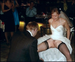 lovesexwife:  Newly married cuckold wife. She’s only been married an hour here. She’s already given the chauffeur a blow job, had the Disc jockey fuck her ass in the toilets, and here she is given her pussy to the best man. What a good little cuck