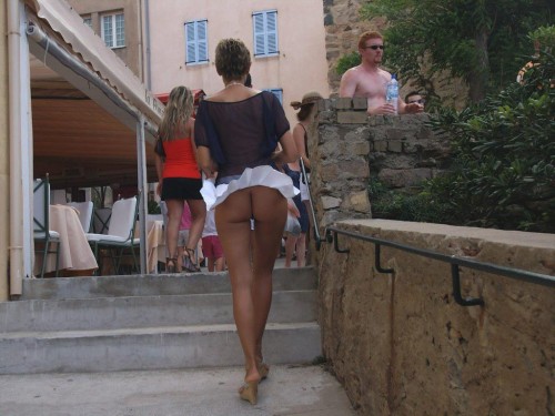 Girl walking without panties dress
