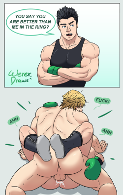 wererdraws:  I couldn’t resist the argue to draw this after the Direct from yesterday sorry xd Little Mac is fun to draw even more if he’s being beaten ;)Ken beating Little Mac!Here you go, since you have requested many mating press drawings :) Hope