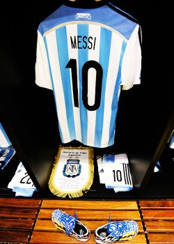 xavihernandes:   A match shirt worn by Lionel Messi of Argentina is seen in the dressing room prior to the 2014 FIFA World Cup Brazil Group F match between Argentina and Iran at Estadio Mineirao on June 21, 2014 in Belo Horizonte, Brazil. 