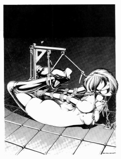 artofbishop:  A smooth skinned blonde lays hogtied on the tiled dungeon floor. Her arms are bound behind her with an extensive web of rope. Her legs are bent back over a tiny frame mounted in the floor, which also serves to anchor a cord pulling her head