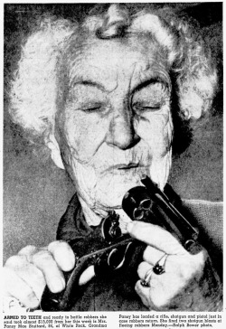 pasttensevancouver:  Pansy May Stuttard, Friday 3 January 1958 Pansy Stuttard kept her money at home because she didn’t trust banks. When two men stole ฟ,000 from her White Rock home, the 84 year-old fired her shotgun at them as they fled, but missed.