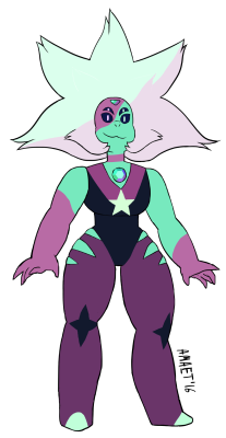 amaet:  FLUORITE, amethyst/peridot fusion the first thing i thought when planning this design was ‘holy shit it’s going to be a fucking cat’. important elements include: catsuit collar (actually skin marking) alien cat face pseudo cat ears sideburns