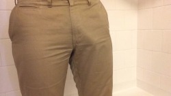 publicpisslover:  Pissing my khakis for the first time! Loved it! Dripping with cum when I pulled my cock out 