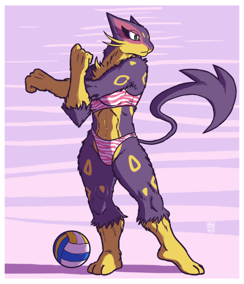 izzyink: A cool cat warming up  Liepard is doing some warm-up stretches before playing beach volleyball. A cool cat on a warm beach!Liepard belongs to Game Freak/Nintendo.   
