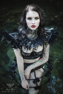 gothicandamazing:  Model : Lady MarlenePhotographer : Devin Castle DesignsCrinoline/Feather neck corset &amp; Shoulder Pads:Mystic ThreadWelcome to Gothic and Amazing |www.gothicandamazing.com  