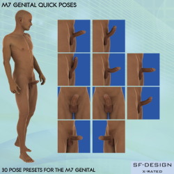 Brand new poses now available by SFD! 30 pose/shape presets for M7 Genital : 10 erect, 10 semi erect and 10 flaccid poses. Works with DAZ Studio 4.8 or later and is 25% off until 12/27/2015! Get yours today! M7 Genital Quick Poseshttp://renderoti.ca/M7-Ge