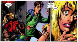 brianmichaelbendis:  Ultimate Peter Parker &amp; Gwen Stacy (Ultimate Spider-Man #28, 2002) Mark Bagley (Pencils) Art Thibert (Inks) Digital Transparency (Colors) https://www.comixology.com/Ultimate-Spider-Man/comics-series/1094 