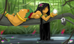 shonuff44: HULA-GURL in the tropical Lagoon   Here is a pic of Hula Girl talking to a Lagoon spirit. This was intended to be a desktop background design. I like how this one came out though I spent more time doing the background then H.G. herself. Wadayat