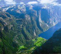 Not for the faint of heart (a switchback highway traverses the cliffs down to Lysefjorden, Norway)