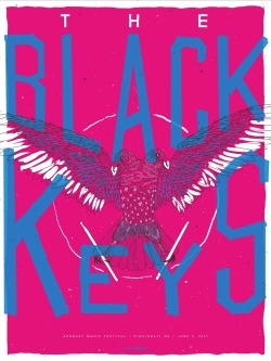 theblackkeys:  Bunbury Festival // Cincinnati, Ohio // June 5th  Hand printed on 150lb. White Exact Tag, 18x24&quot; 3 colors/screens: hot pink, electric blue, black Edition of 160 prints   Artwork by Power House Factories // #TurnBlue