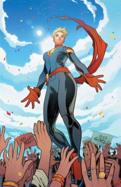   THE MIGHTY CAPTAIN MARVEL #1“The Greatest. That’s what they call her. Carol Danvers has been to the depths of outer space and back, but that still hasn’t prepared her for her newfound status of biggest super hero ever. Yaas, Queen! Danvers may
