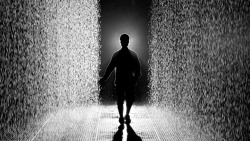 dailyfeatorial:  Rain Room - by rAndom International  Rain Room is a hundred square metre field of falling water through which it is possible to walk, trusting that a path can be navigated, without being drenched in the process. As you progress through