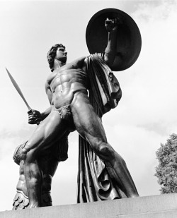 thehenchfiles:  The 18ft high figure of Achilles atop the Wellington Monument in Hyde Park was London’s first public nude sculpture, causing something of a ruckus at the time. Made by Richard Westmacott and erected in 1822, it was produced from melted