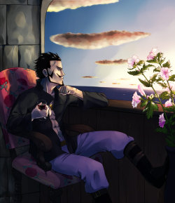 askmoria:  ((OOC: Finished picture of Mihawk with rose of Sharon, which is a great flower for him as he seems to like this weird “elegant but so spartan as to be barely functional” aesthetic.  What kind of guy dons a long brocade coat and then decides