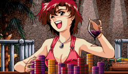 Loud oppai hentai female adventurer having fun discussing her future with a drink in her hand.