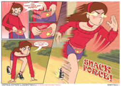 incognitystuff:  Bawdy Falls - Page 13 ⇚ Prev | First | Next (next Friday) ⇛Mabel’s fanny pack seems to have forgotten to bring the money so she’s making a run to get some by tapping into the Snack Force, which enables her to put any speedster