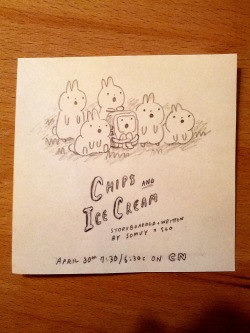 Chips and Ice Cream promo by writer/storyboard artist Seo Kimpremieres Thursday, April 30th at 7:30/6:30c on Cartoon Networkseokim:  new episode tonight! I wrote a song for it!(bunnies and BMO are not singing just mouths agape!)