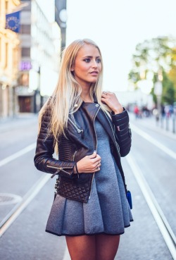 justthedesign:  Janni Deler is wearing a black leather jacket from Boda Skins, grey dress from Chicwish and the bag is from Chanel