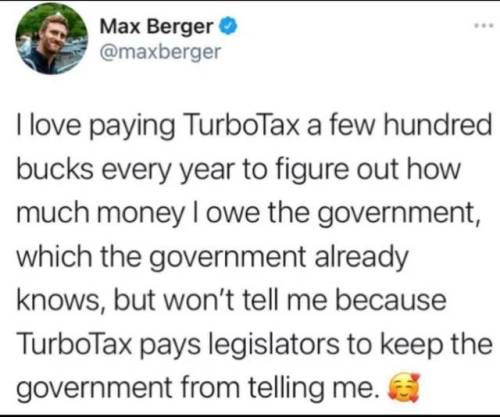nebulousmistress:posttexasstressdisorder:FOLKS, PLEASE…DO YOUSELVES A BIG BIG FAVOR AND STOP USING TURBOTAX!  IT IS USELESS NOW!!!THE IRS website will let you fill out and file your return THERE ON THE IRS SITE.  You pay like ผ for the actual electronic