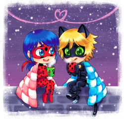 piku-chan:  Here’s #2 out of four free requests from my ML sticker post. This one is for @miraculousmidnight, who requested chibi Ladynoir drinking hot chocolate. Chat’s enjoying the drink more than he should, so Lady is amused. I just recently found
