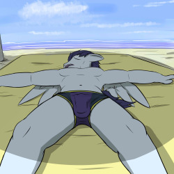 Soarin splayed out in some speedos.