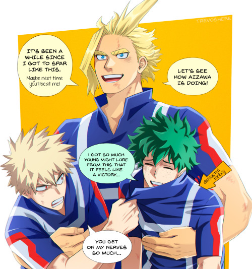story-kat:  Art by  TrevosherePosted with Permission (reprint/edit and/or commercial use prohibited)All Might and Aizawa got hit with an age regression quirkPart 1   Part 2