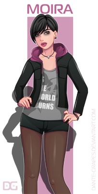 den-grapes:  Greetings, Comrades!Today I’ll show you Moira from Resident Evil: Revelations 2.She is such cute character…These pantyhose and little shorts…. &lt;3But, you know, she reminds me one of these Dmitrys’ characters characters. Maybe she’s