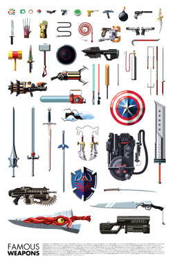 nerdwire:  Famous Weapons by Daniel Nyari Many of our games and comics most famous weapons are immortalized in the extremely glossy looking diagram.  I love it!  How many do you recognize?  I got like 90% of them.  View it in it’s full glory on