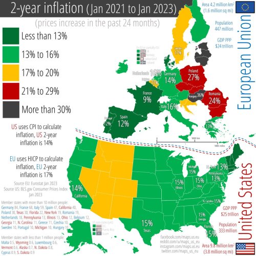 mapsontheweb:  2-year inflation across the US and the EU. This shows prices increase in the past 24 months (measured from January 2021 to January 2023). The US uses CPI to calculate inflation. US 2-year inflation is 14%. The EU uses HICP to calculate