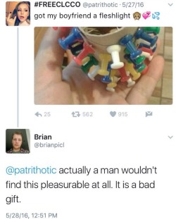 ppl should stop shaming dudes for using sex toysobviously it’s a joke but it’s jokes like this that make men feel ashamed of using toys on themselves