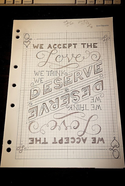 We accept the love we think we deserve [WIP] This is my final sketch from Mary Kate McDevitt’s skillshare class! My phrase/quote is from ‘The Perks of Being a Wallflower’ by Stephen Chbosky. Through my idea generation I liked the concepts of giving and receiving cards, and then started to think about the idea of the cards of life and playing the hand we’re dealt. I also happen to absolutely love playing card design, so this project was super fun for me! Website | Tumblr | Twitter | Facebook | Society6
