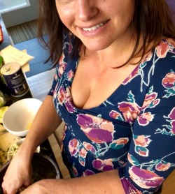 mylargebreastedwife:  She cooked all day yesterday in a new low-cut dress, then dutifully pulled her breasts out for the dessert course. She was exhausted, but always consents to having her tits photographed.