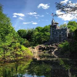 shakespearestagehands:  Now THIS is a Park day. Here’s our view of Turtle Pond &amp; Belvedere Castle from the deck of the Delacorte Theater during the Summer 2014 build of Shakespeare in the Park (#blueskies #shakespeareinthepark #shakespearestagehands